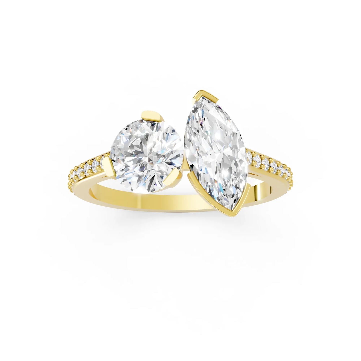14K Gold Round and Marquise Cut Diamond Toi et Moi Engagement Ring with Side Accents