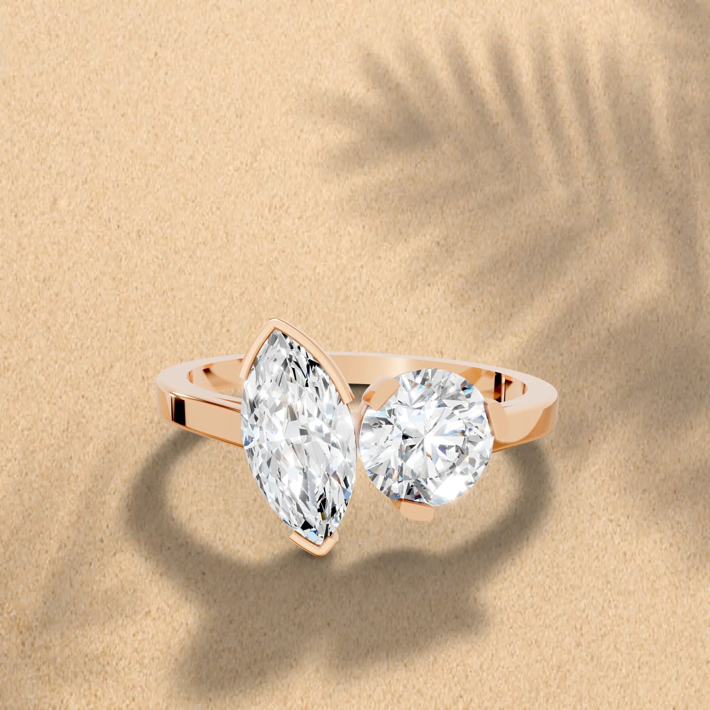 14K Gold Round and Marquise Cut Diamond Toi et Moi Engagement Ring