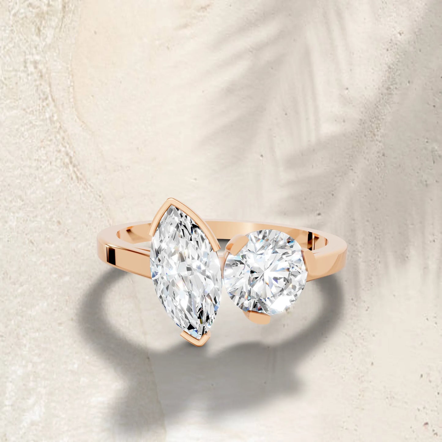 14K Gold Round and Marquise Cut Diamond Toi et Moi Engagement Ring