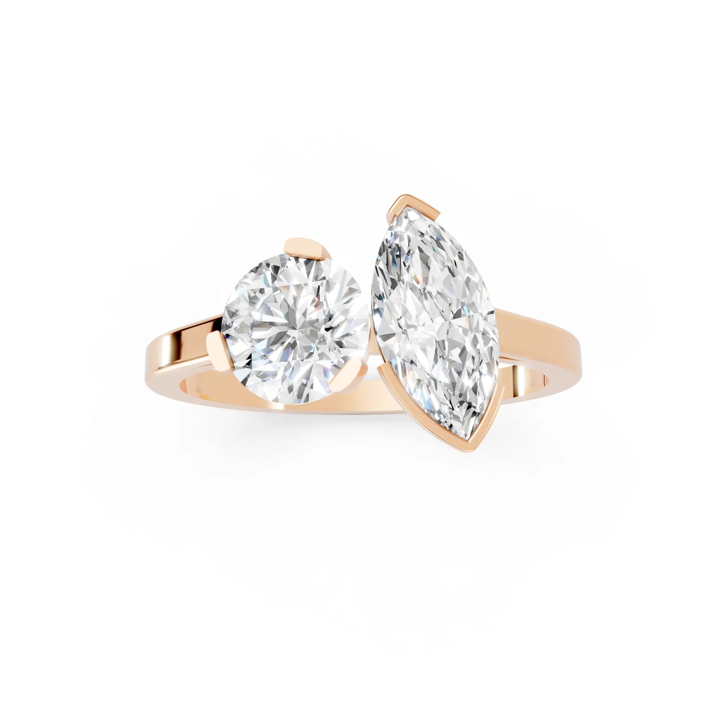 14K Gold Round and Marquise Cut Diamond Toi et Moi Engagement Ring