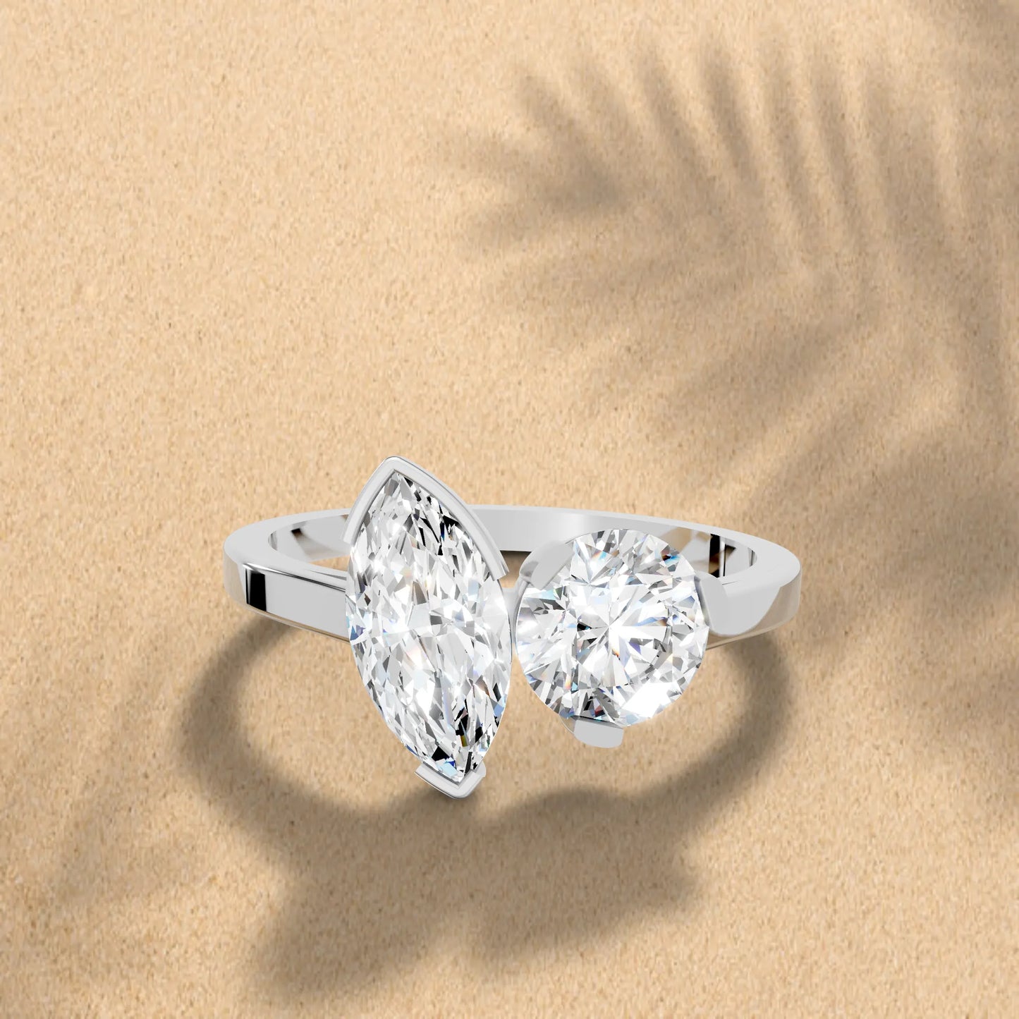 14K Gold Round and Marquise Cut Diamond Toi et Moi Engagement Ring