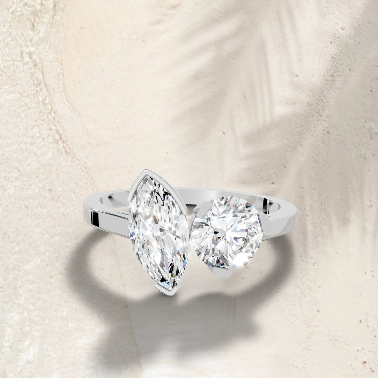 14K Gold Round and Marquise Cut Diamond Toi et Moi Engagement Ring