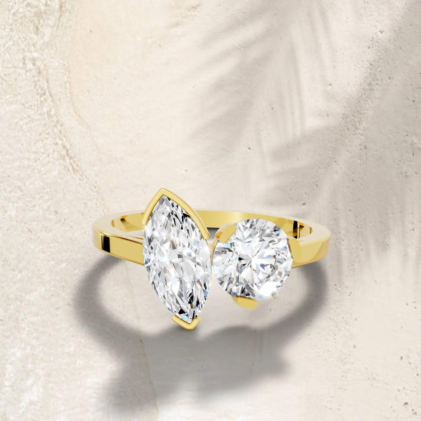 14K Gold Round and Marquise Cut Diamond Toi et Moi Engagement Ring