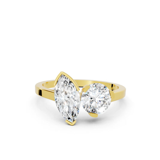 14K Gold Round and Marquise Cut Diamond Toi et Moi Engagement Ring