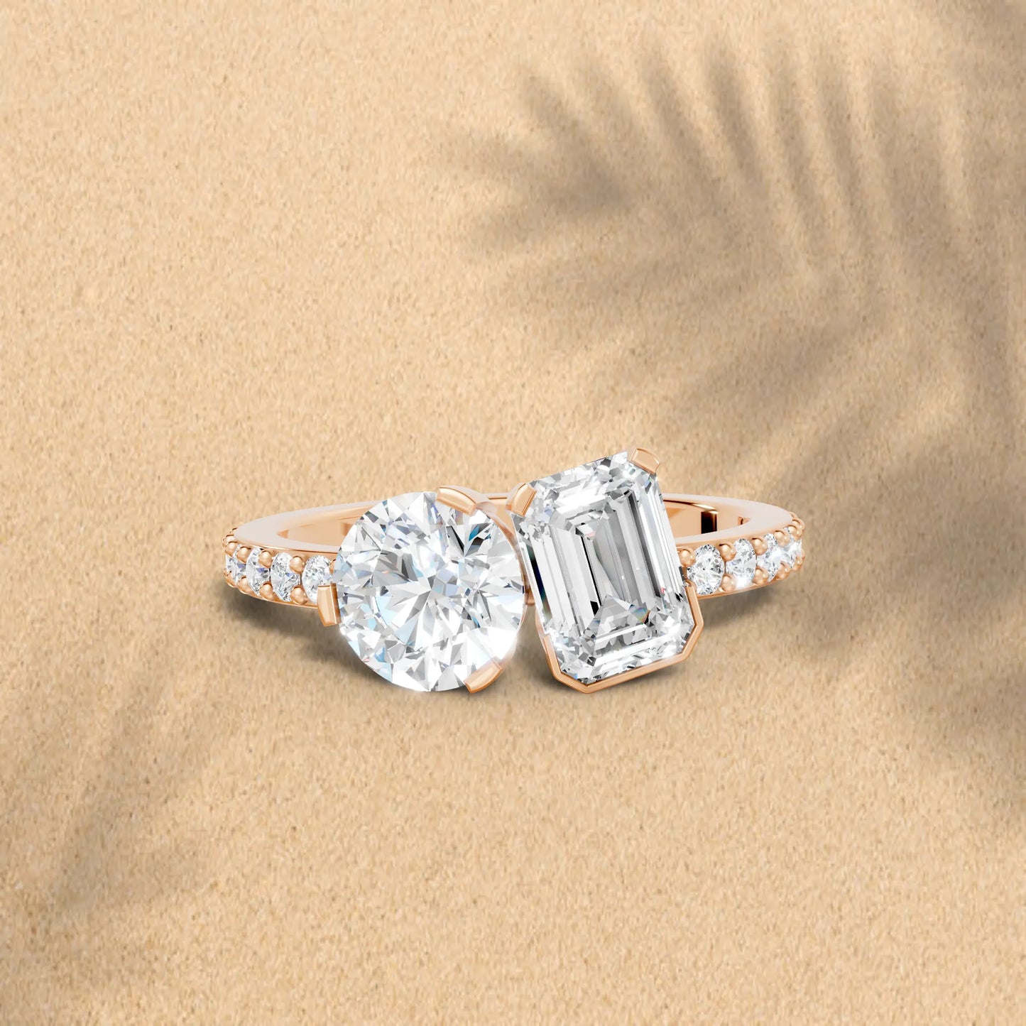 14K Gold Round and Emerald Cut Diamond Toi et Moi Engagement Ring with Side Accents