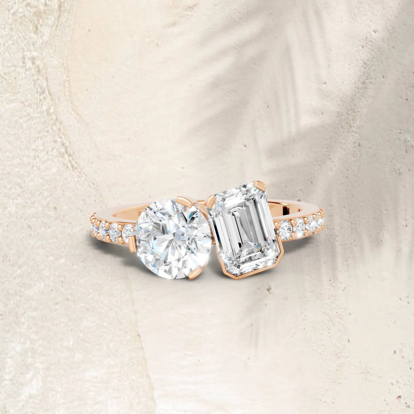 14K Gold Round and Emerald Cut Diamond Toi et Moi Engagement Ring with Side Accents