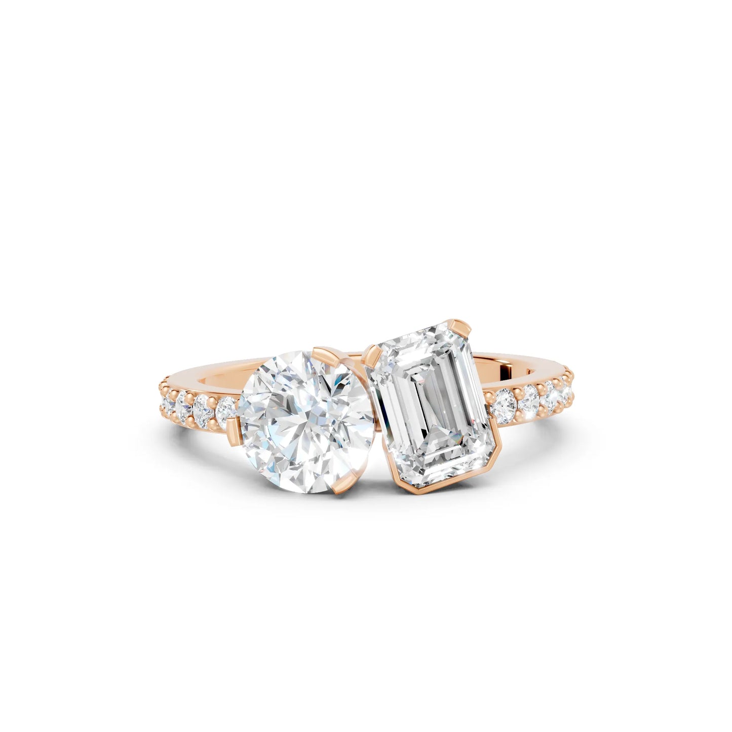 14K Gold Round and Emerald Cut Diamond Toi et Moi Engagement Ring with Side Accents