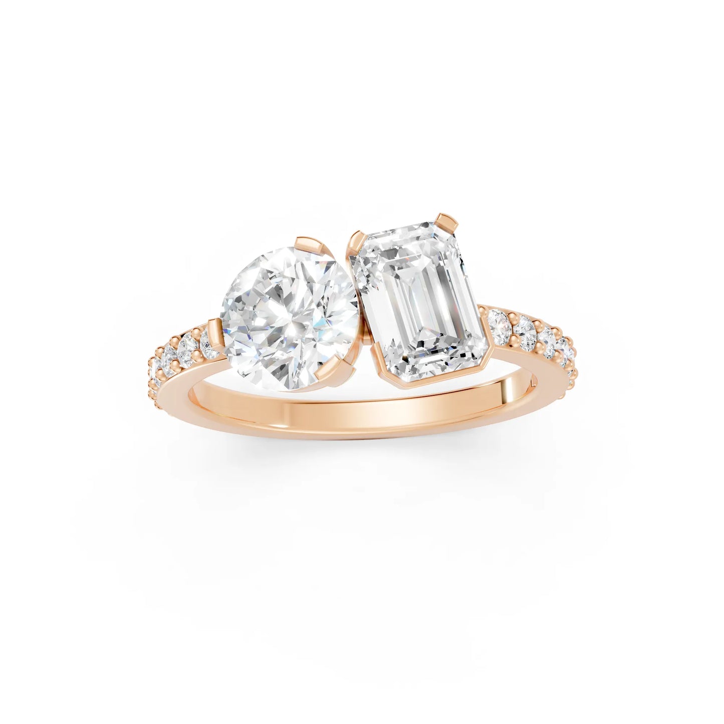 14K Gold Round and Emerald Cut Diamond Toi et Moi Engagement Ring with Side Accents