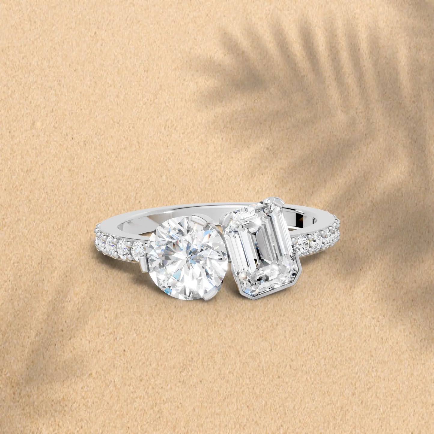 14K Gold Round and Emerald Cut Diamond Toi et Moi Engagement Ring with Side Accents