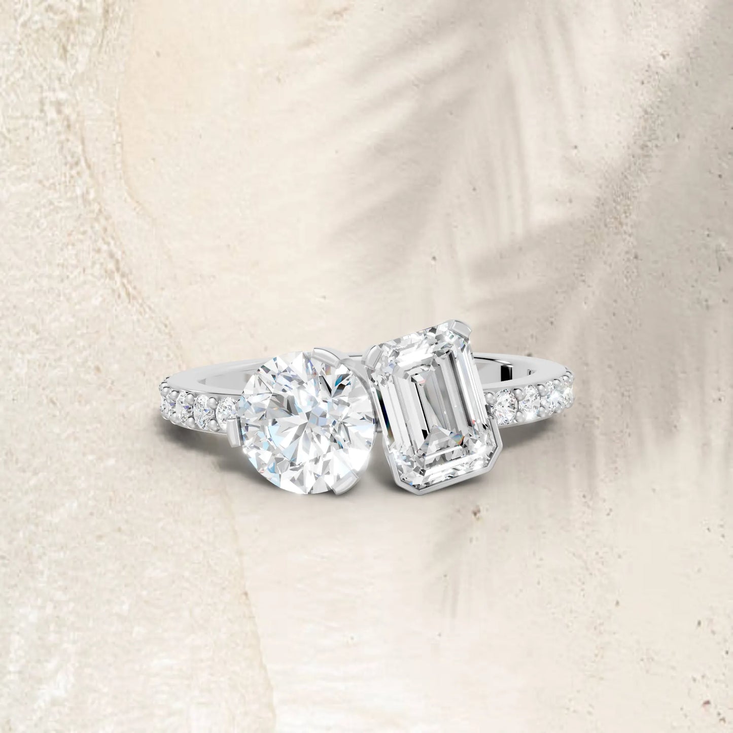 14K Gold Round and Emerald Cut Diamond Toi et Moi Engagement Ring with Side Accents