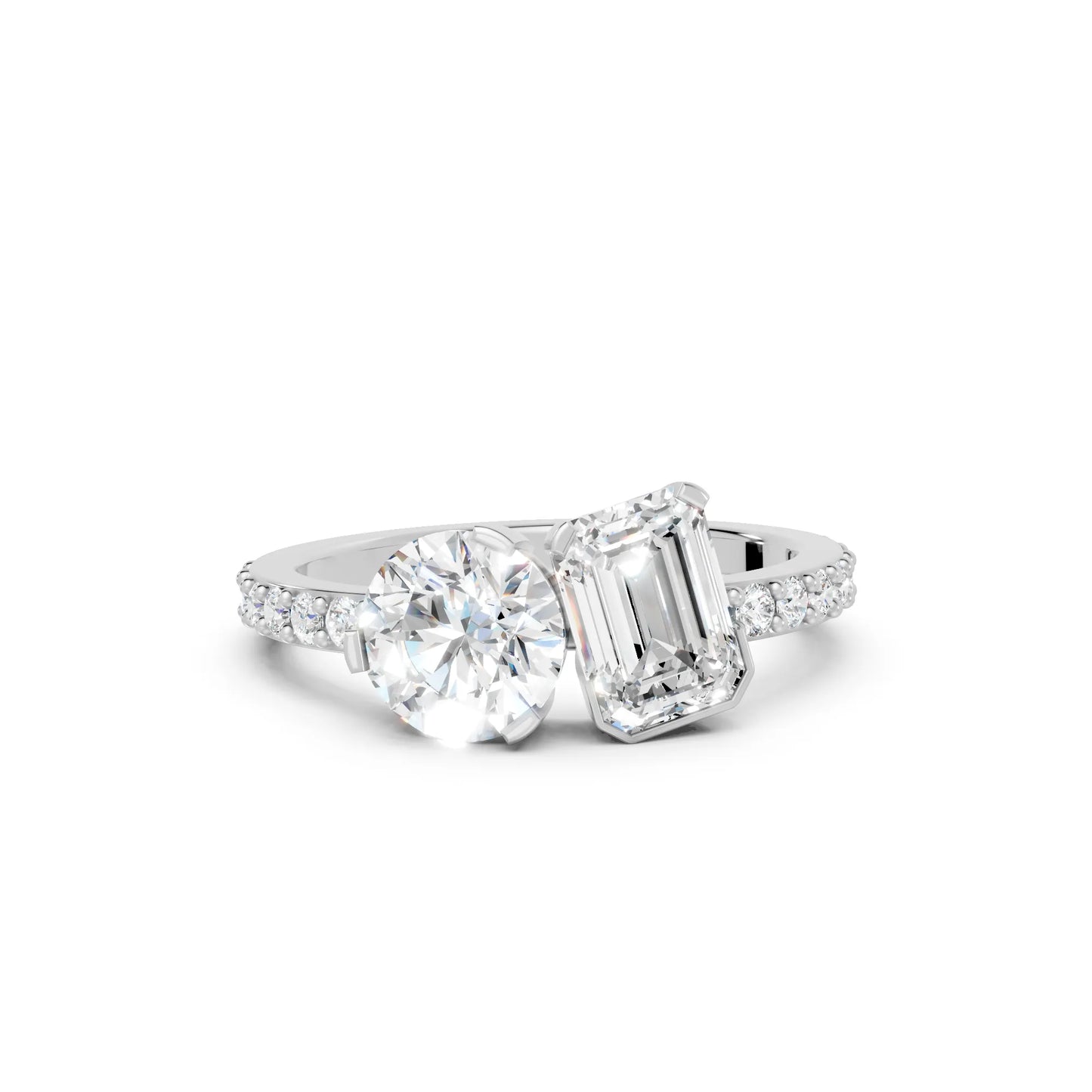 14K Gold Round and Emerald Cut Diamond Toi et Moi Engagement Ring with Side Accents