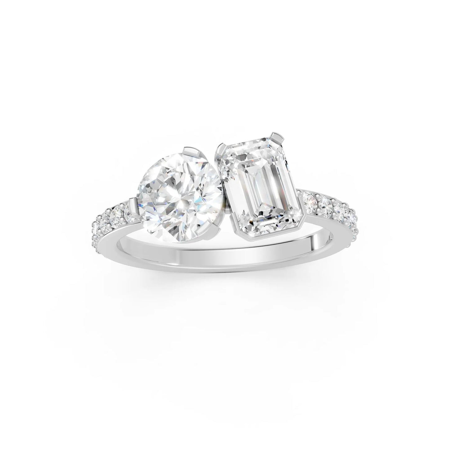 14K Gold Round and Emerald Cut Diamond Toi et Moi Engagement Ring with Side Accents