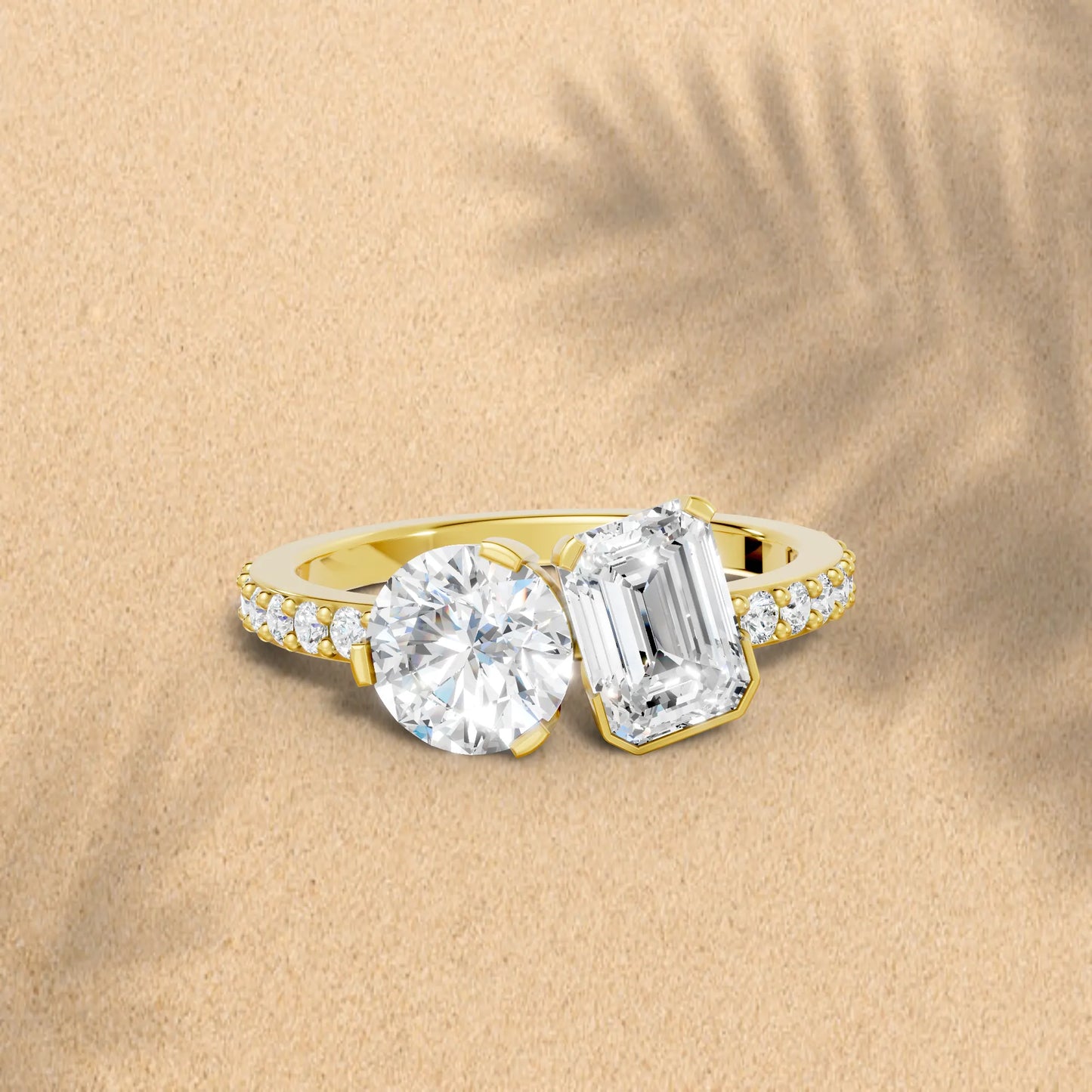 14K Gold Round and Emerald Cut Diamond Toi et Moi Engagement Ring with Side Accents