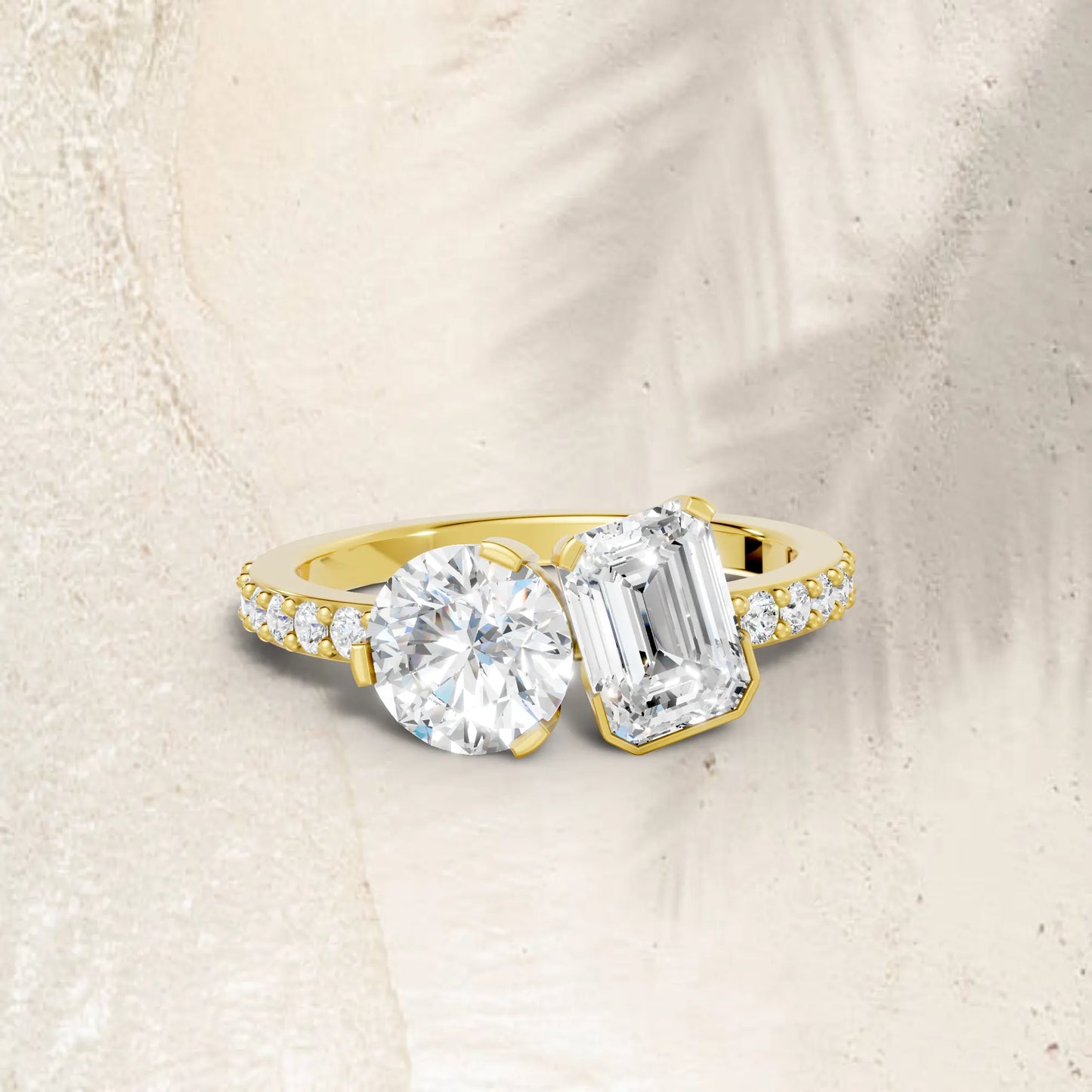 14K Gold Round and Emerald Cut Diamond Toi et Moi Engagement Ring with Side Accents