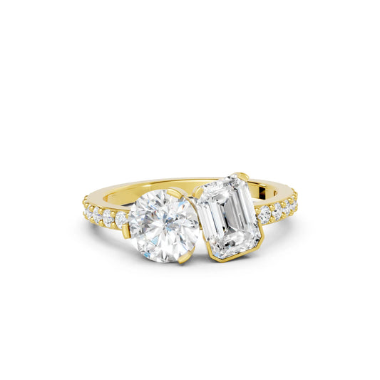 14K Gold Round and Emerald Cut Diamond Toi et Moi Engagement Ring with Side Accents
