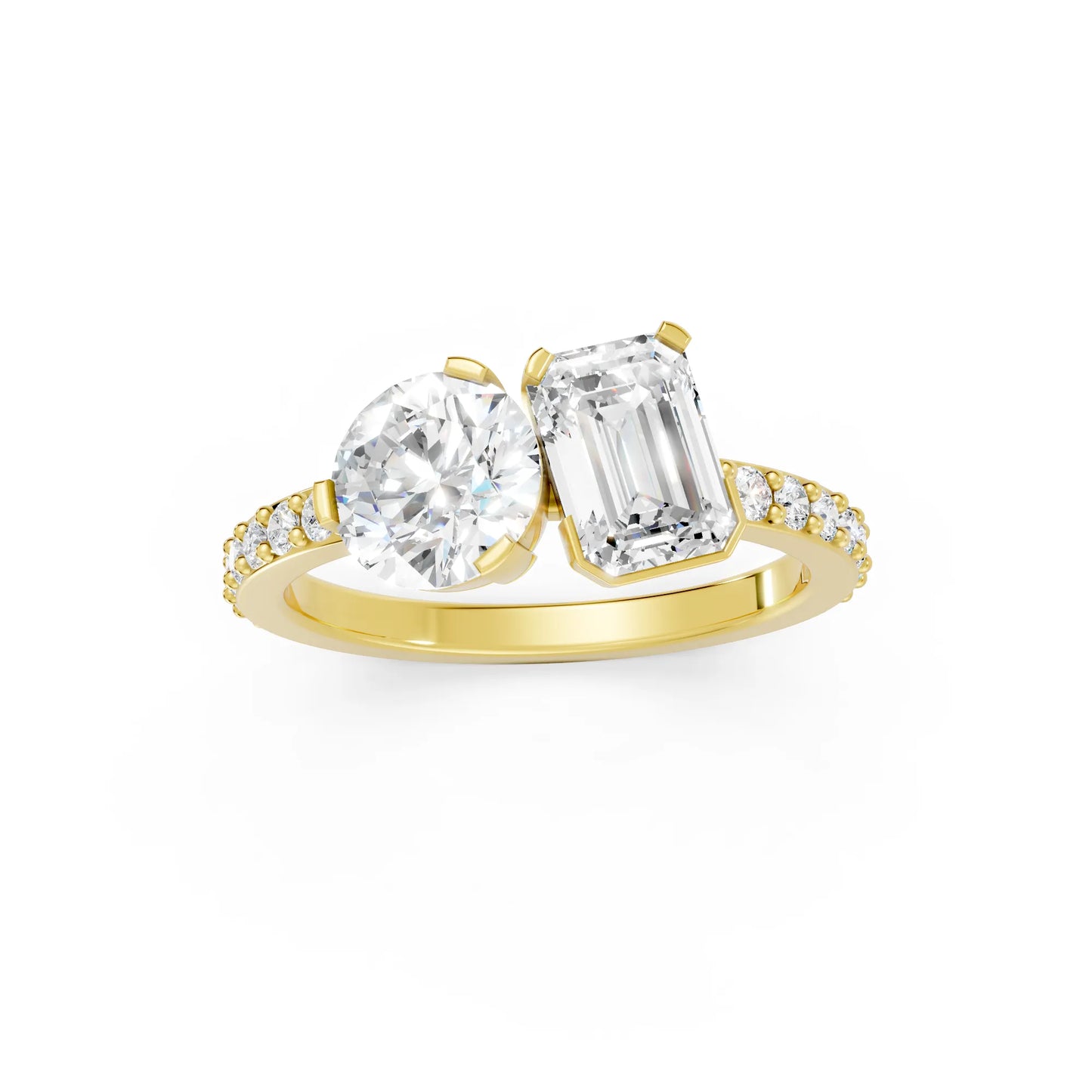 14K Gold Round and Emerald Cut Diamond Toi et Moi Engagement Ring with Side Accents