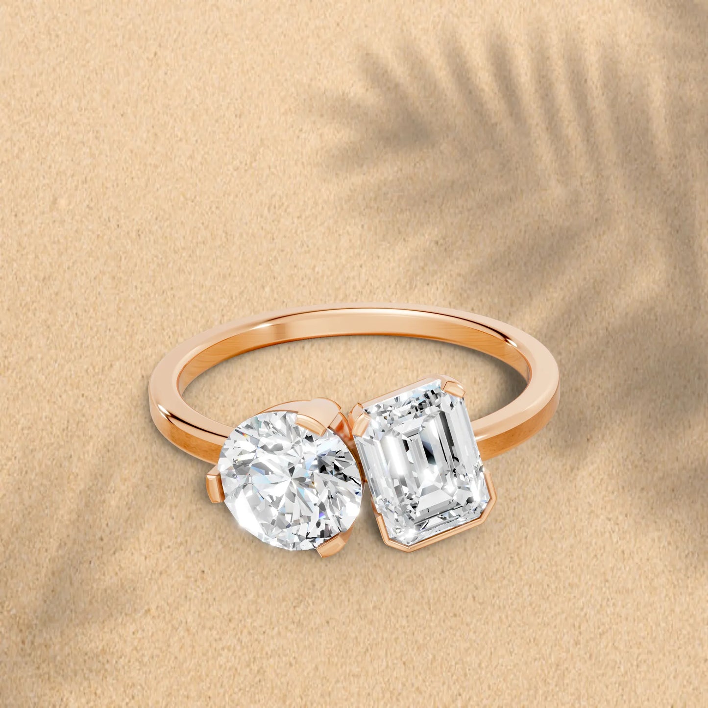 14K Gold Round and Emerald Cut Diamond Toi et Moi Engagement Ring