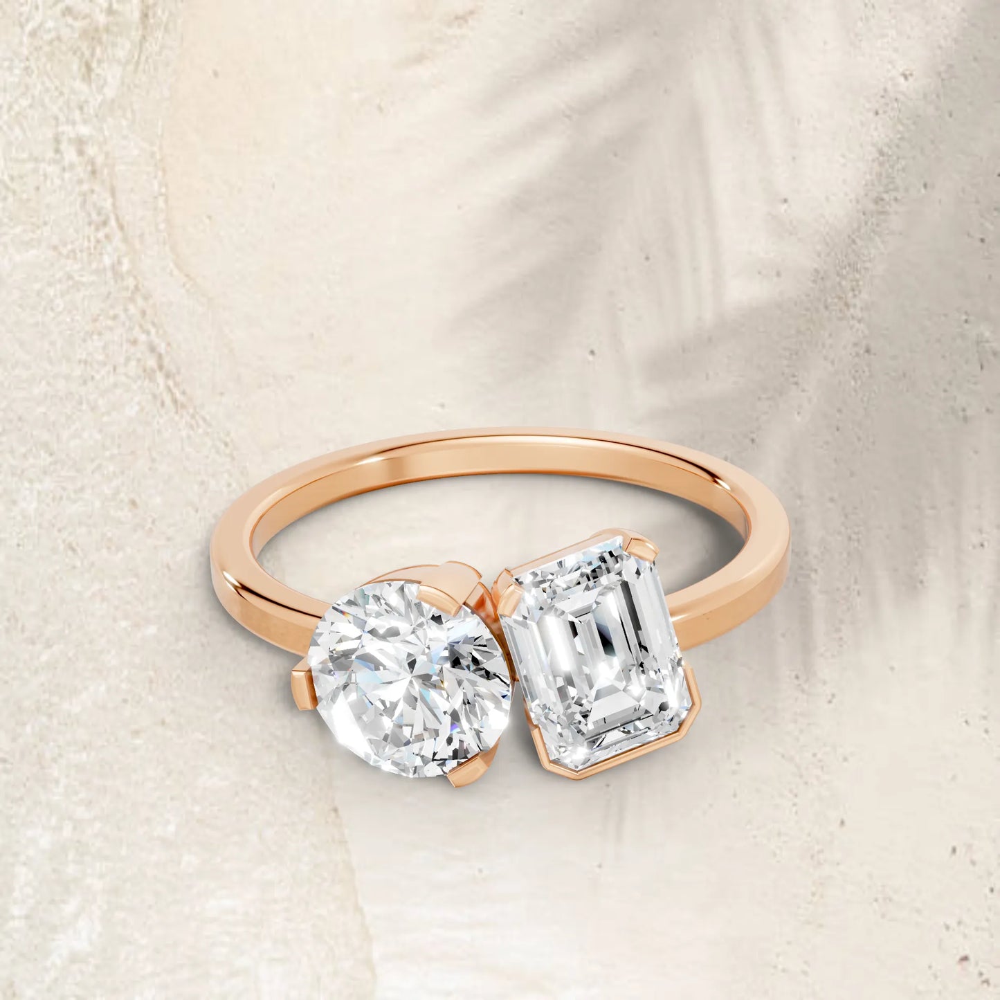 14K Gold Round and Emerald Cut Diamond Toi et Moi Engagement Ring