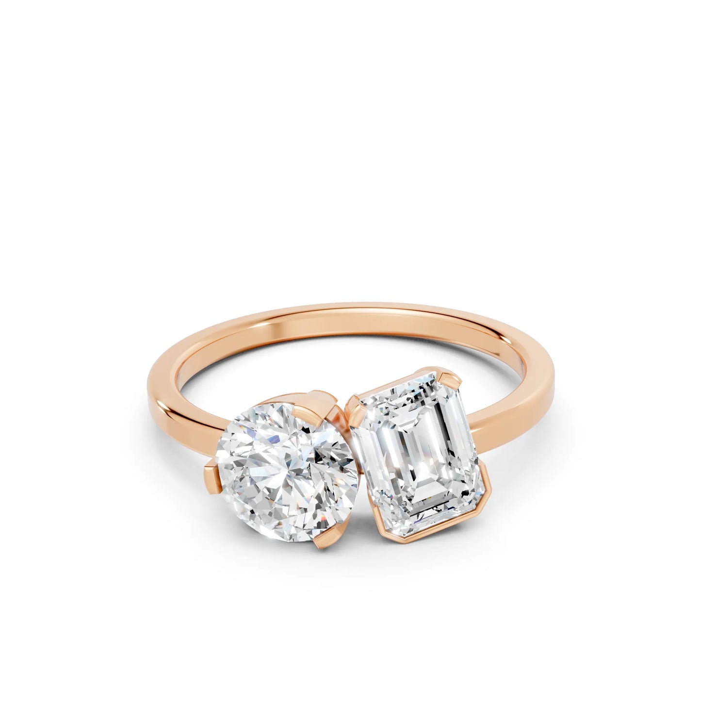 14K Gold Round and Emerald Cut Diamond Toi et Moi Engagement Ring
