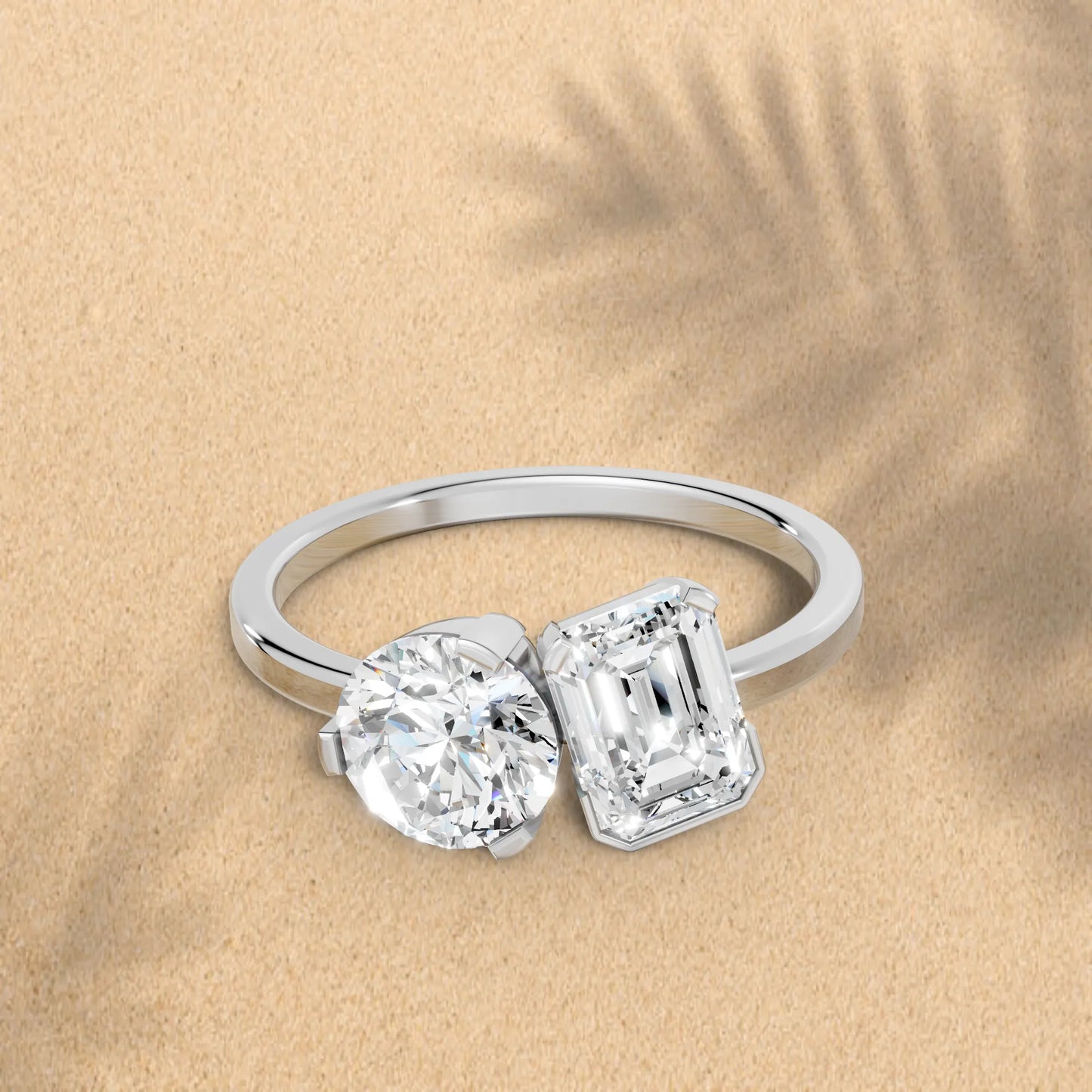14K Gold Round and Emerald Cut Diamond Toi et Moi Engagement Ring
