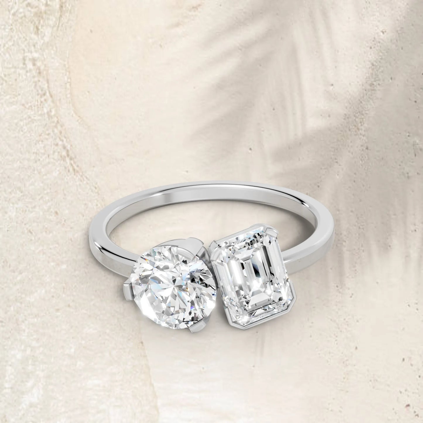 14K Gold Round and Emerald Cut Diamond Toi et Moi Engagement Ring