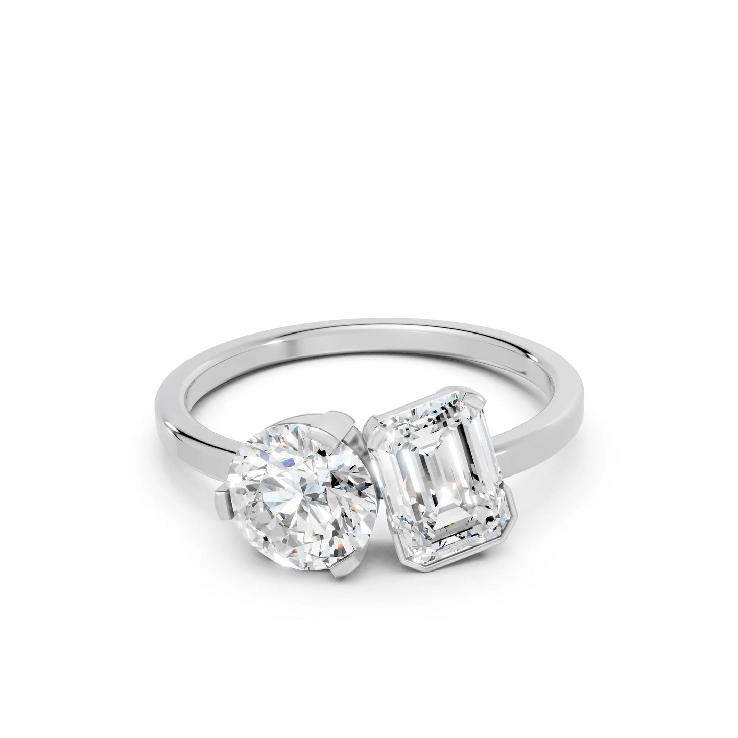 14K Gold Round and Emerald Cut Diamond Toi et Moi Engagement Ring