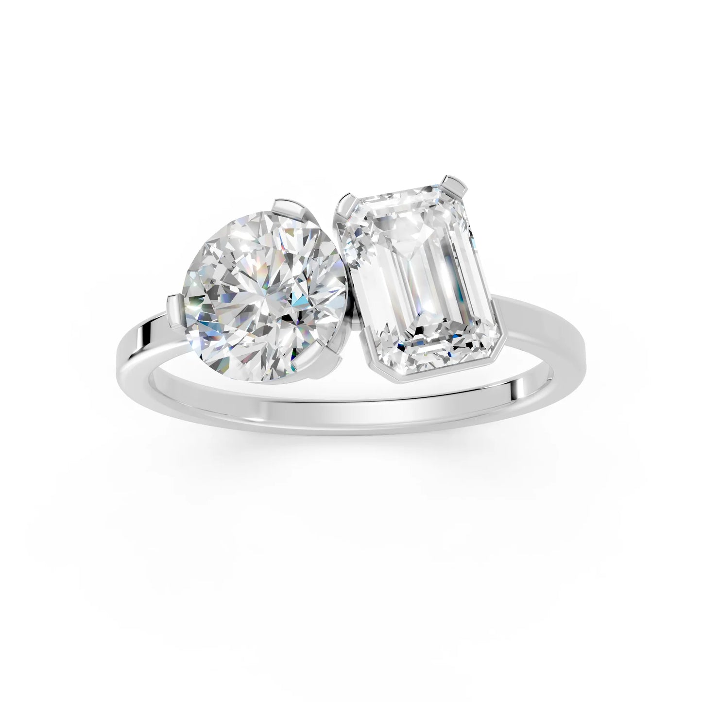 14K Gold Round and Emerald Cut Diamond Toi et Moi Engagement Ring