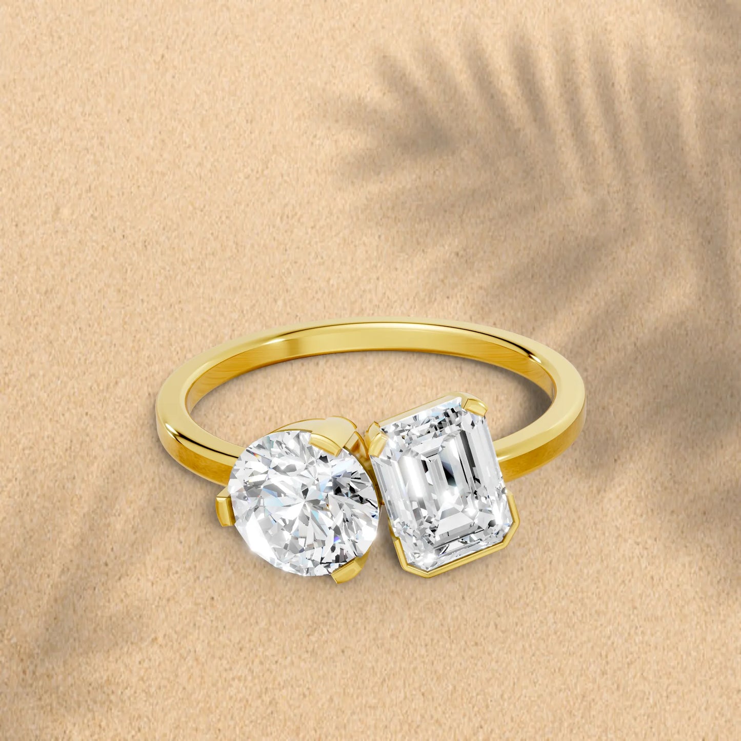 14K Gold Round and Emerald Cut Diamond Toi et Moi Engagement Ring