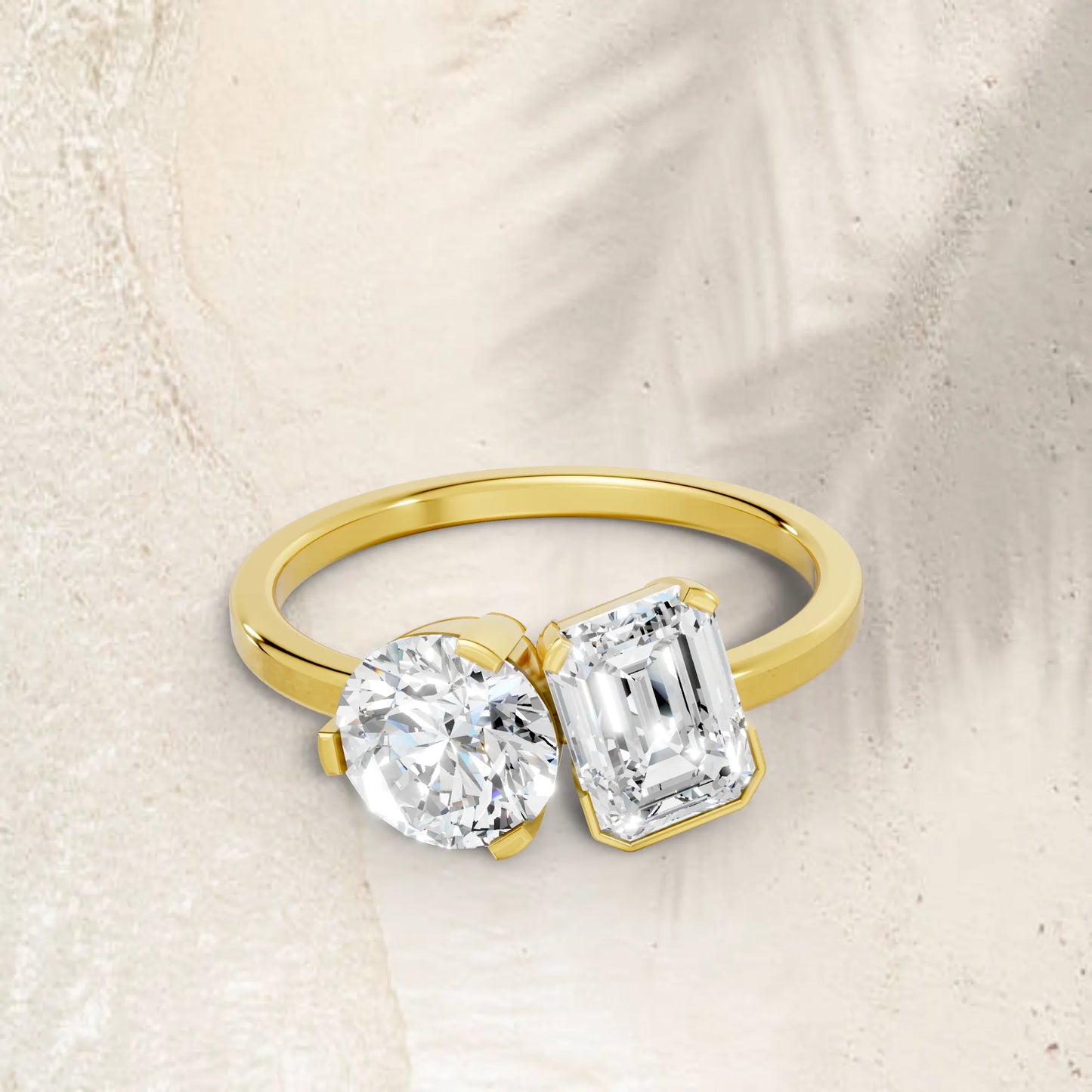 14K Gold Round and Emerald Cut Diamond Toi et Moi Engagement Ring