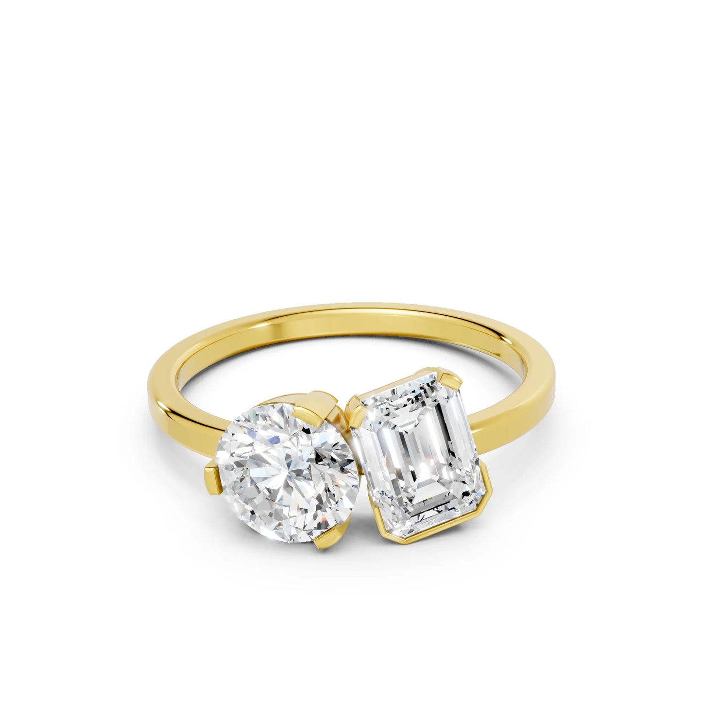 14K Gold Round and Emerald Cut Diamond Toi et Moi Engagement Ring