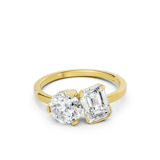 14K Gold Round and Emerald Cut Diamond Toi et Moi Engagement Ring