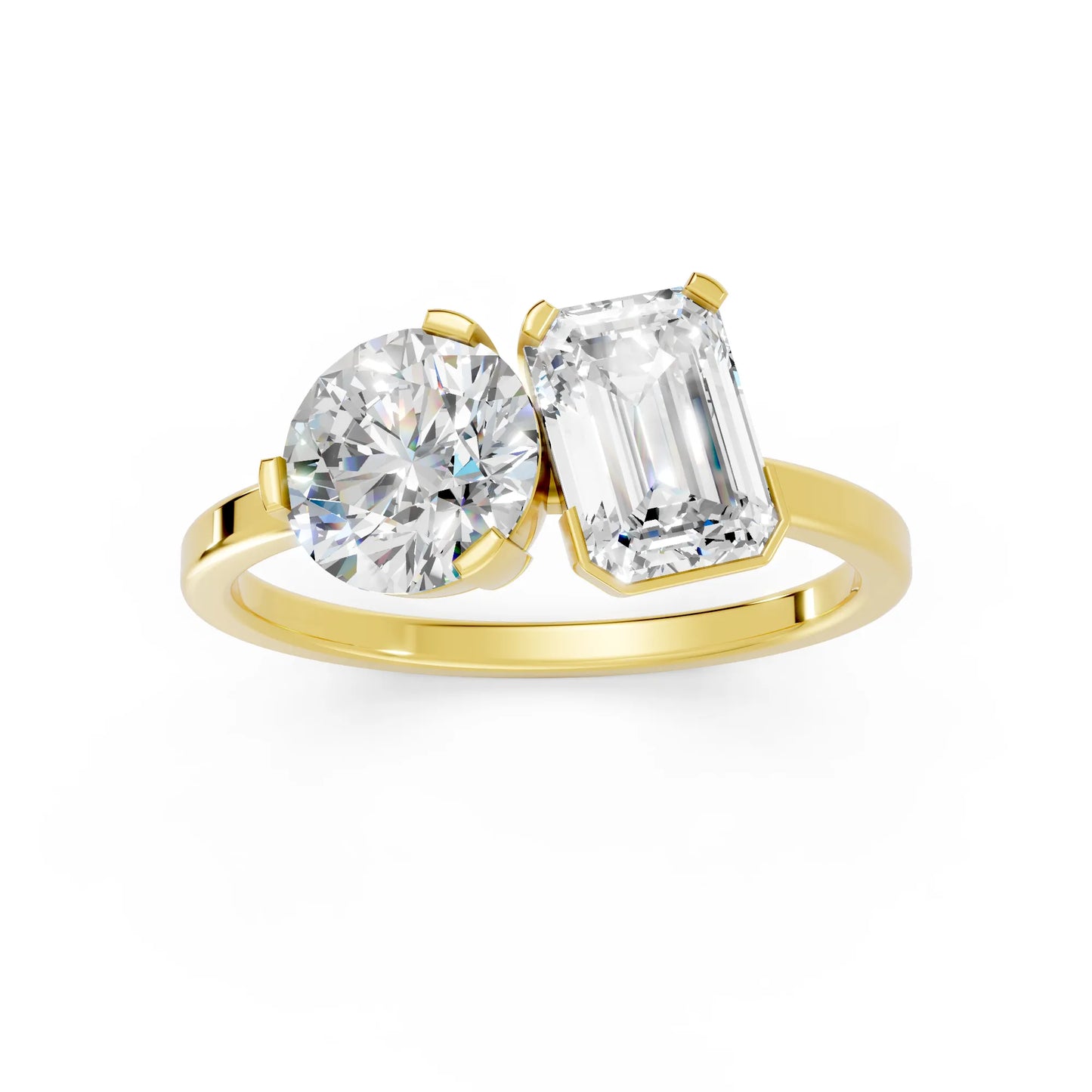 14K Gold Round and Emerald Cut Diamond Toi et Moi Engagement Ring