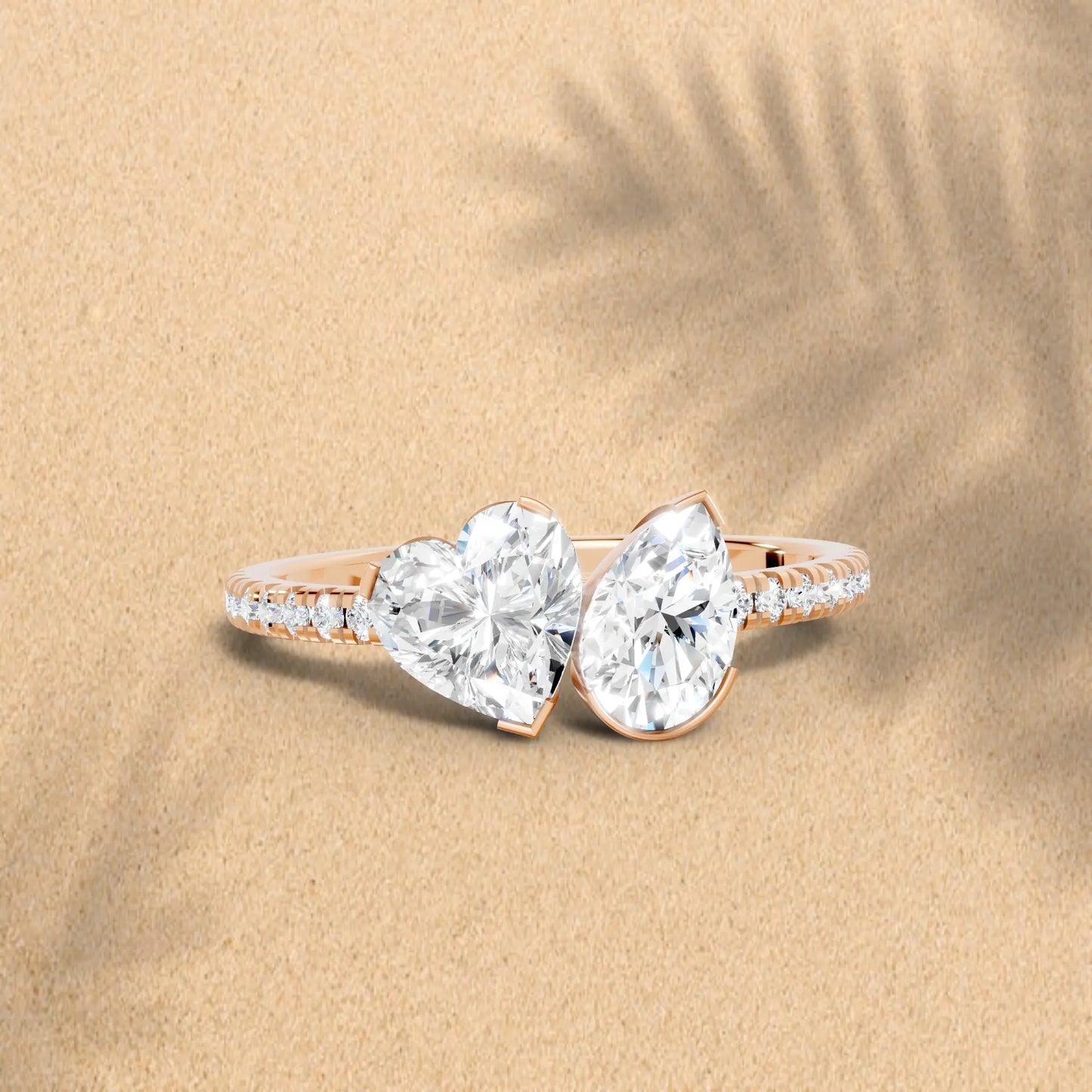 14K Gold Heart and Pear Cut Diamond Toi et Moi Ring with Side Accents