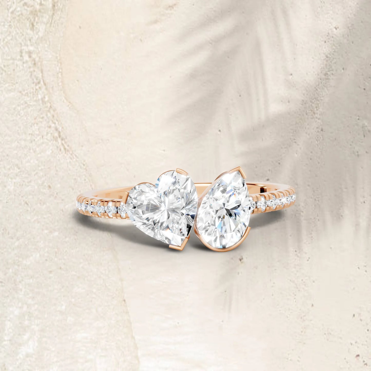 14K Gold Heart and Pear Cut Diamond Toi et Moi Ring with Side Accents