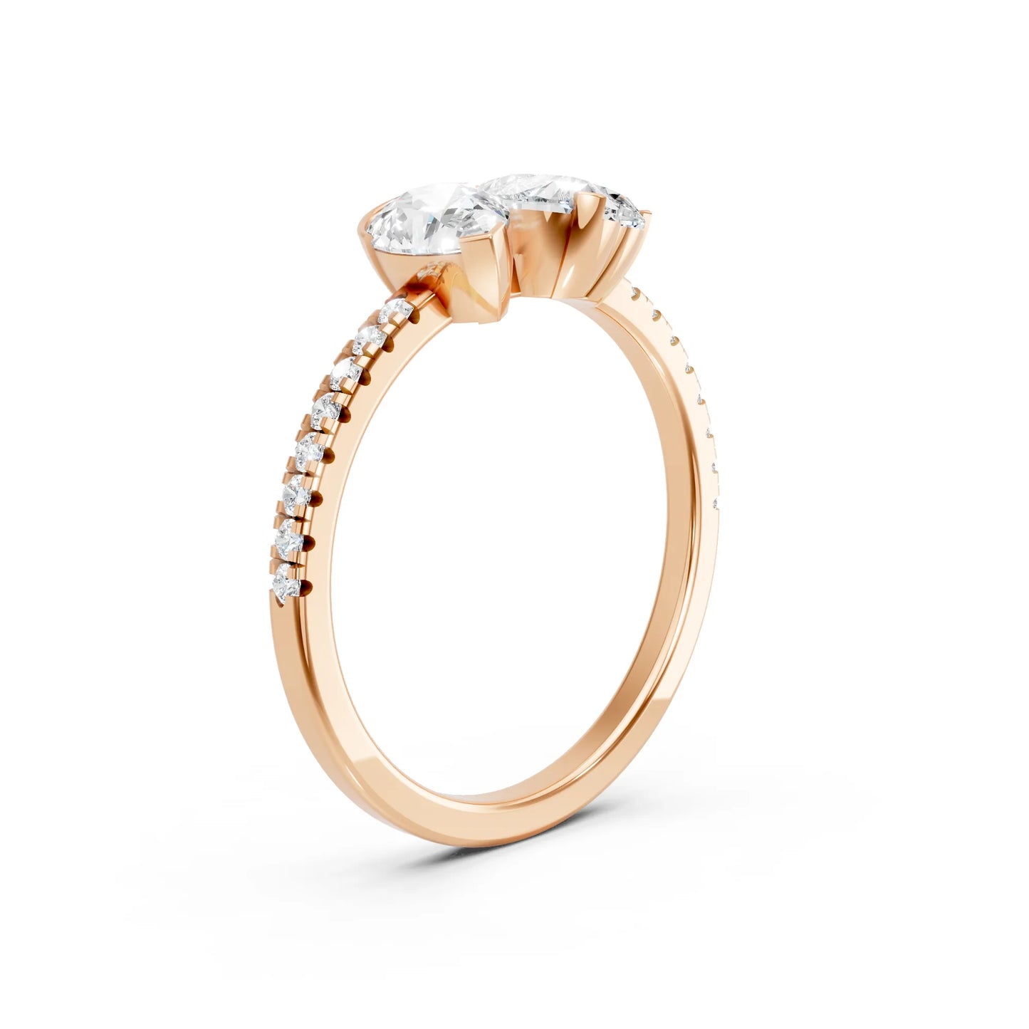 14K Gold Heart and Pear Cut Diamond Toi et Moi Ring with Side Accents