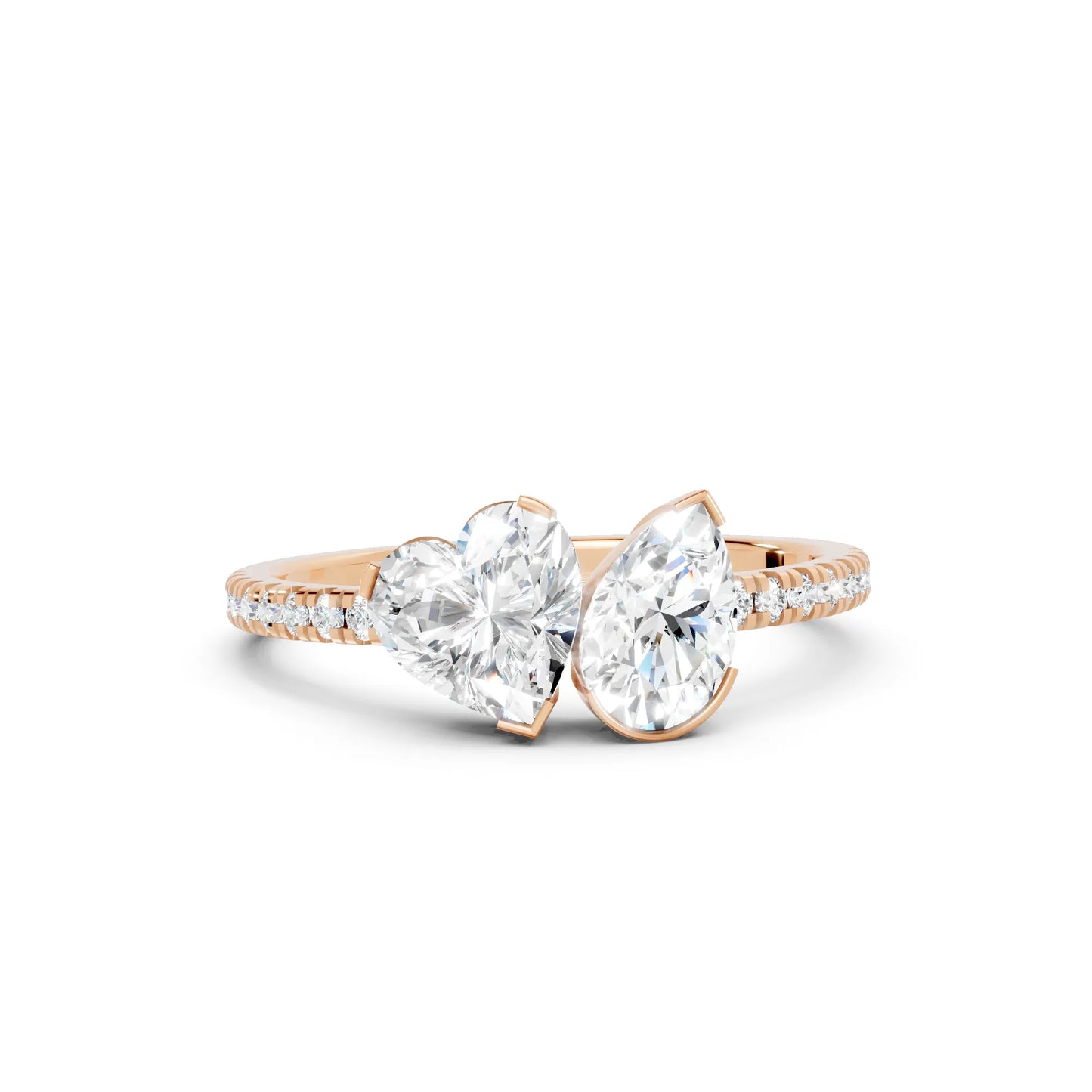 14K Gold Heart and Pear Cut Diamond Toi et Moi Ring with Side Accents