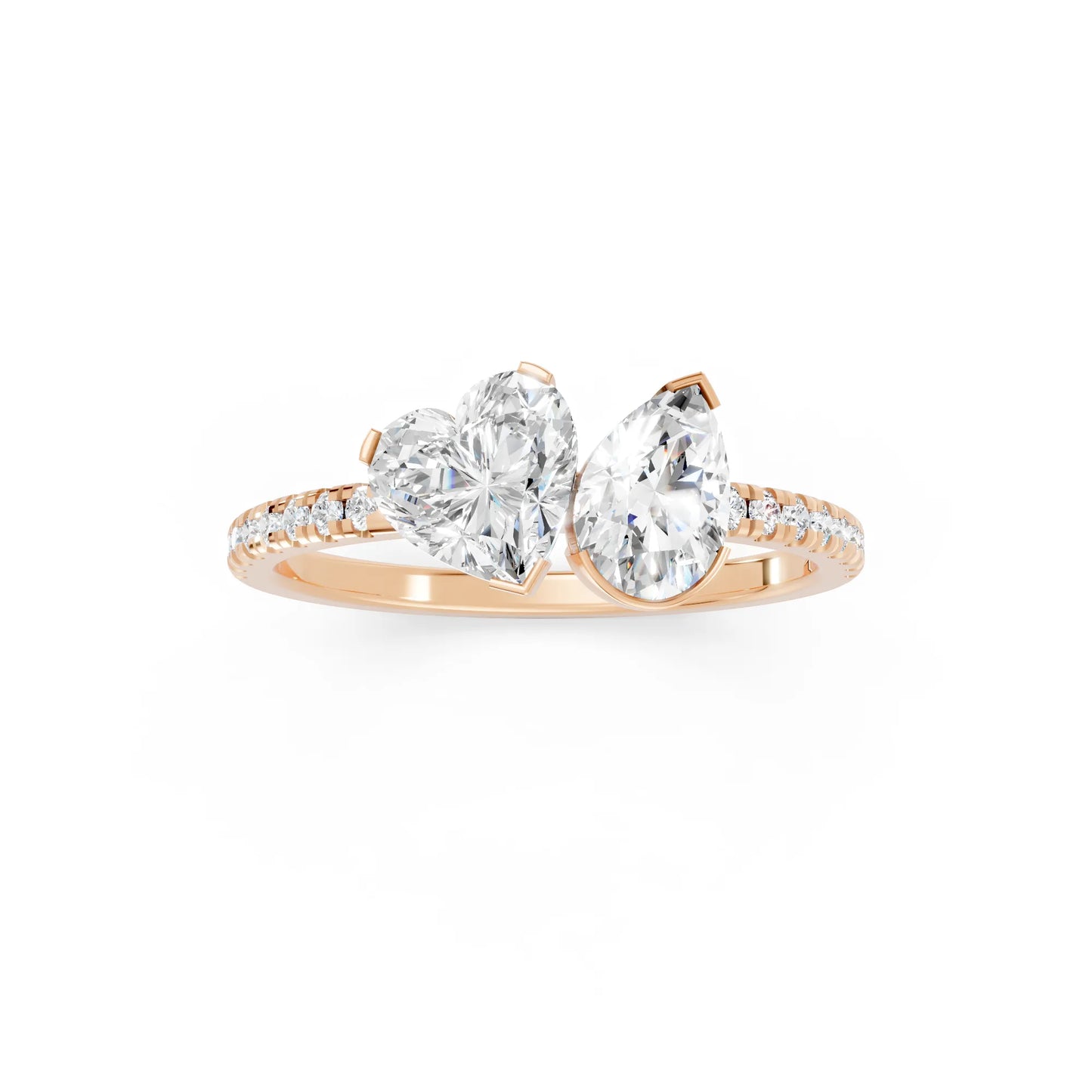 14K Gold Heart and Pear Cut Diamond Toi et Moi Ring with Side Accents
