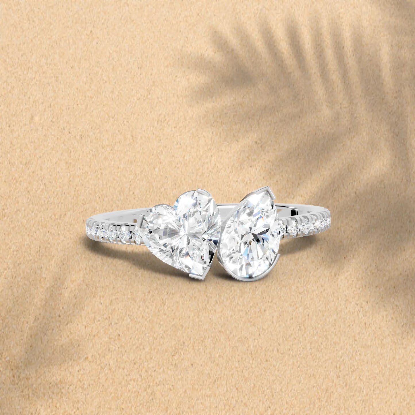 14K Gold Heart and Pear Cut Diamond Toi et Moi Ring with Side Accents