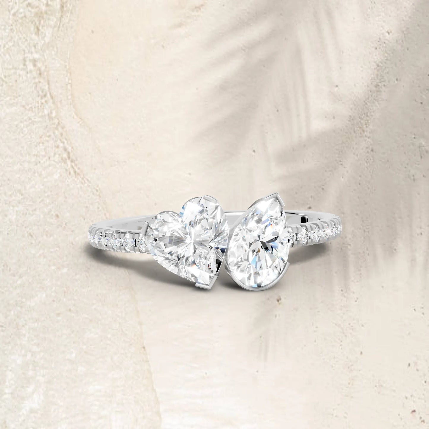 14K Gold Heart and Pear Cut Diamond Toi et Moi Ring with Side Accents