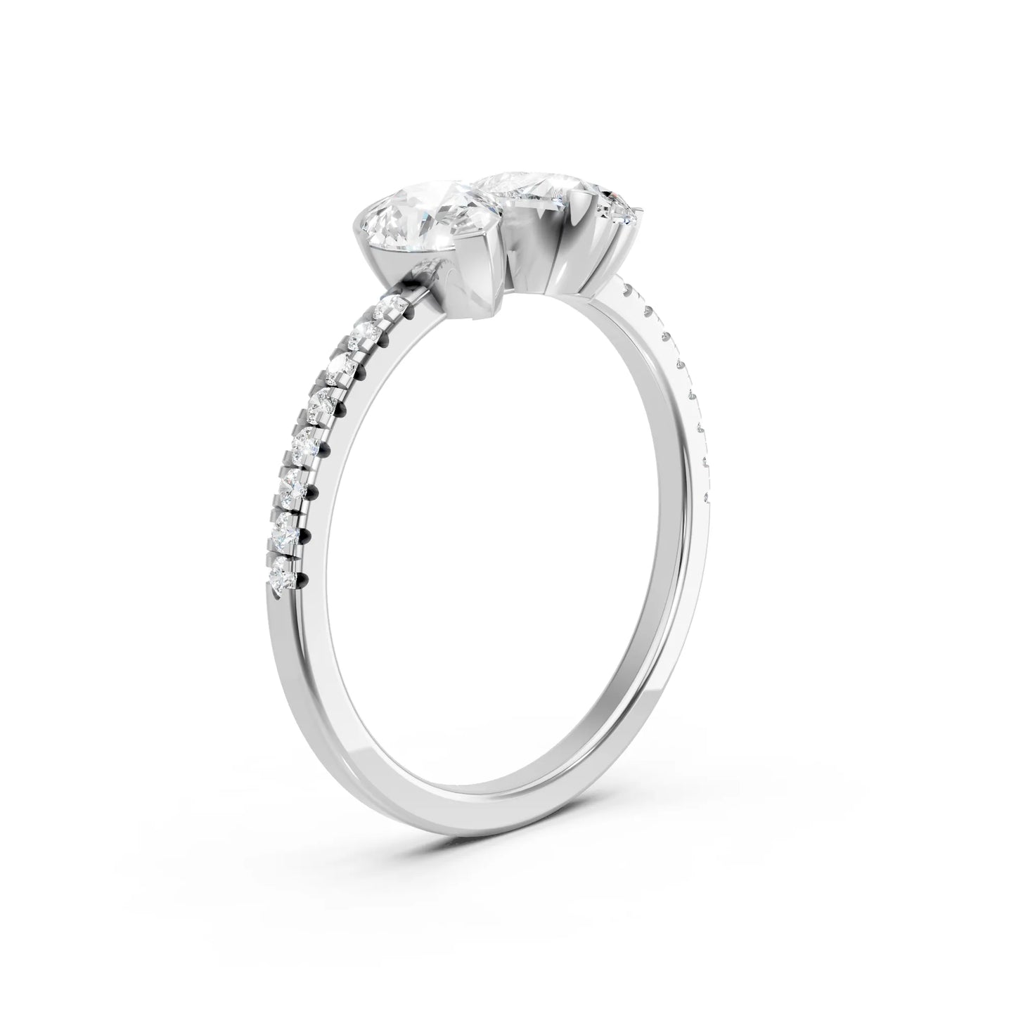 14K Gold Heart and Pear Cut Diamond Toi et Moi Ring with Side Accents