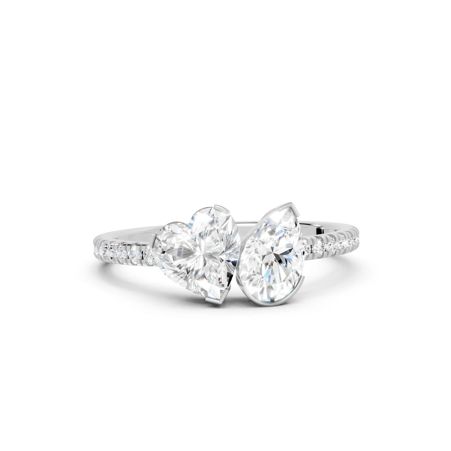 14K Gold Heart and Pear Cut Diamond Toi et Moi Ring with Side Accents