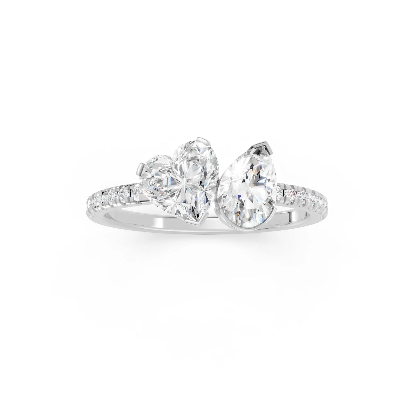 14K Gold Heart and Pear Cut Diamond Toi et Moi Ring with Side Accents