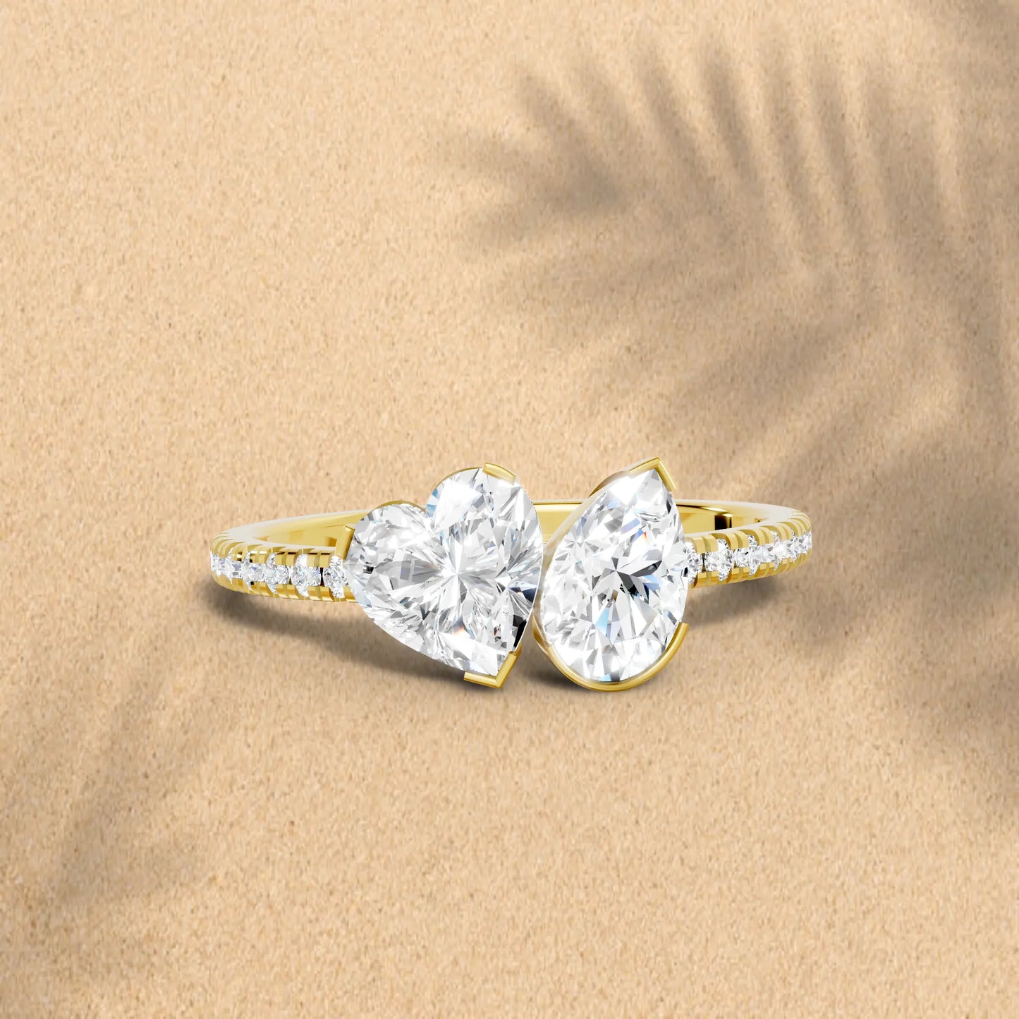 14K Gold Heart and Pear Cut Diamond Toi et Moi Ring with Side Accents