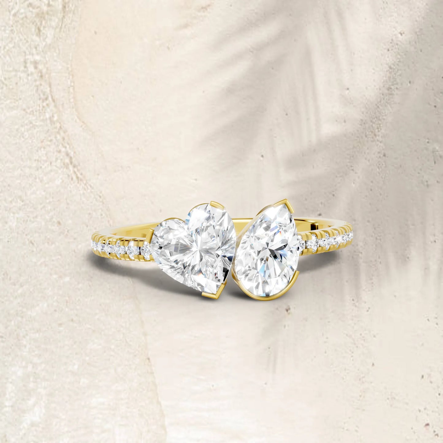 14K Gold Heart and Pear Cut Diamond Toi et Moi Ring with Side Accents