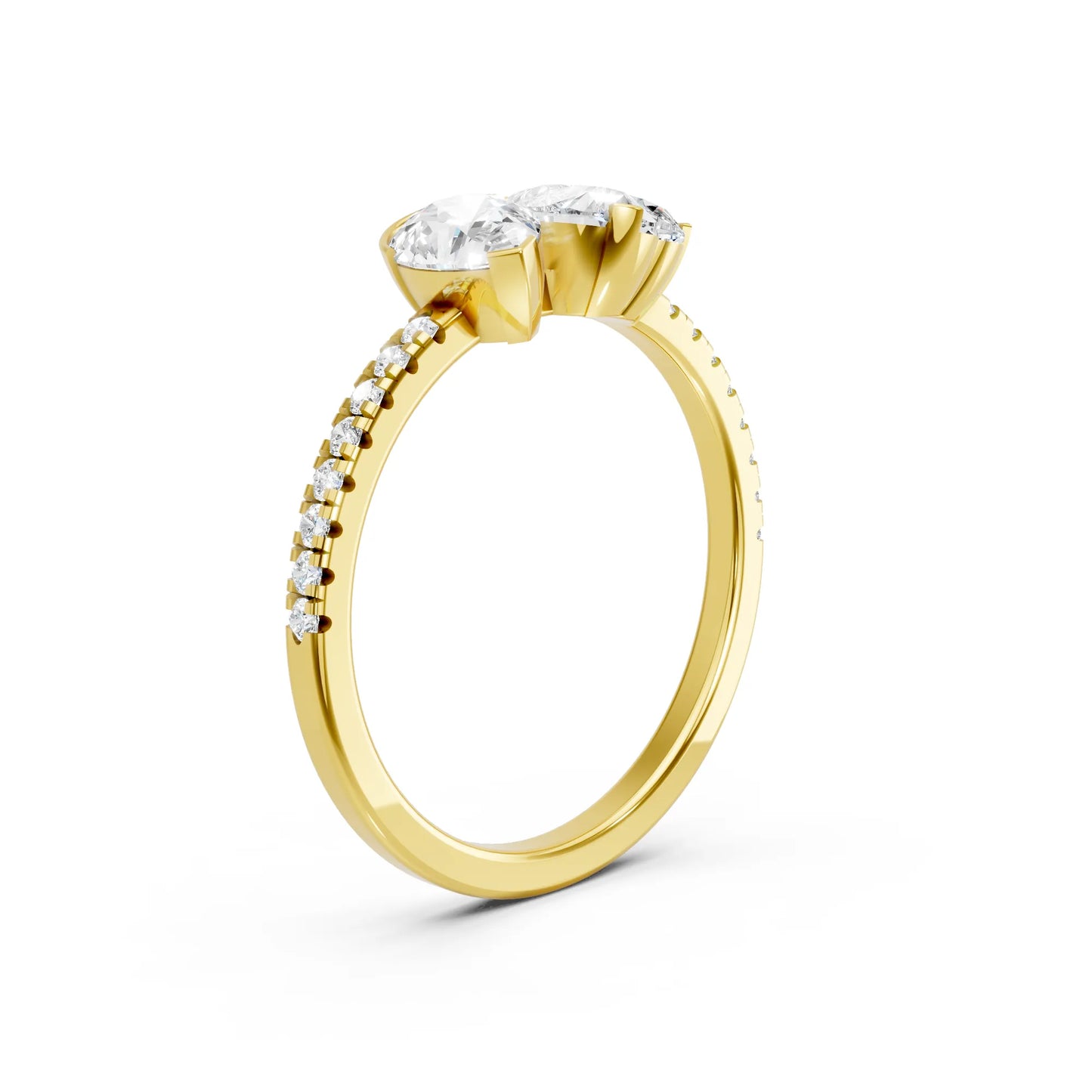 14K Gold Heart and Pear Cut Diamond Toi et Moi Ring with Side Accents