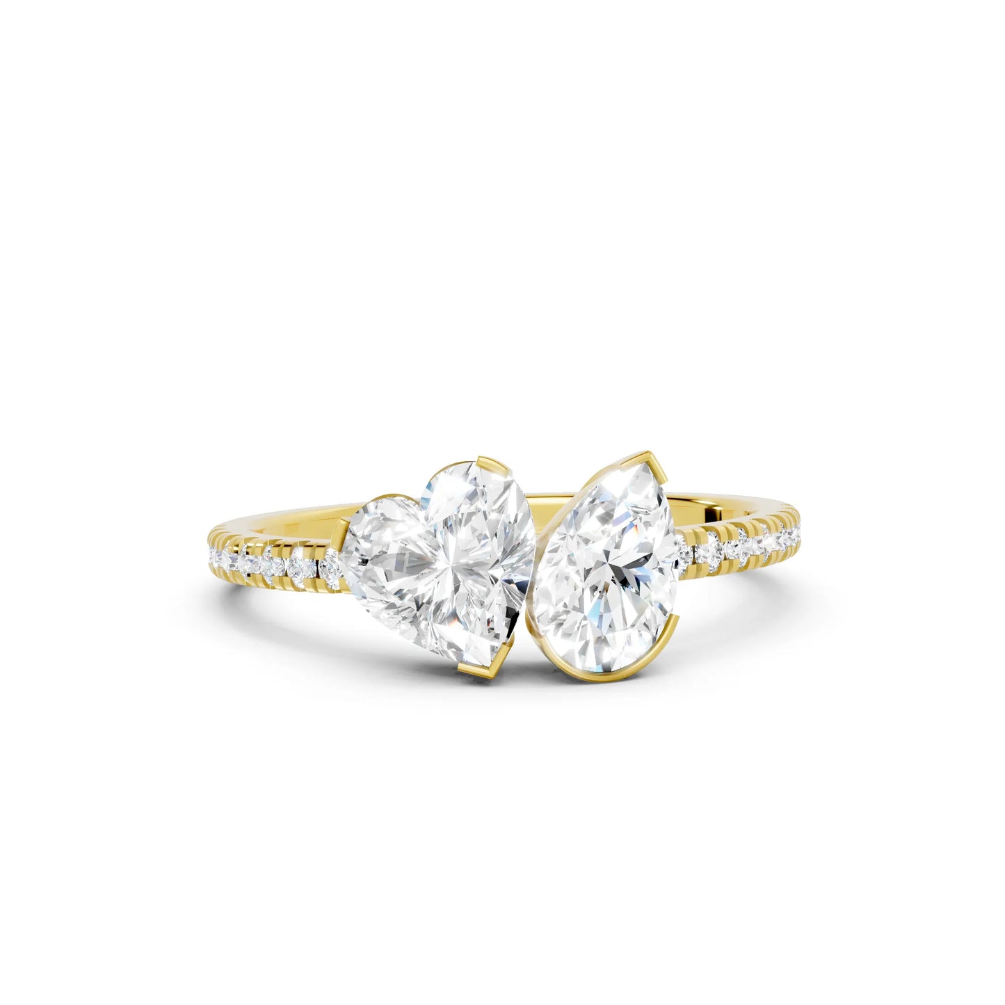 14K Gold Heart and Pear Cut Diamond Toi et Moi Ring with Side Accents