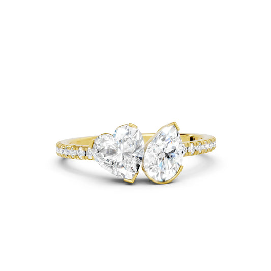 14K Gold Heart and Pear Cut Diamond Toi et Moi Ring with Side Accents