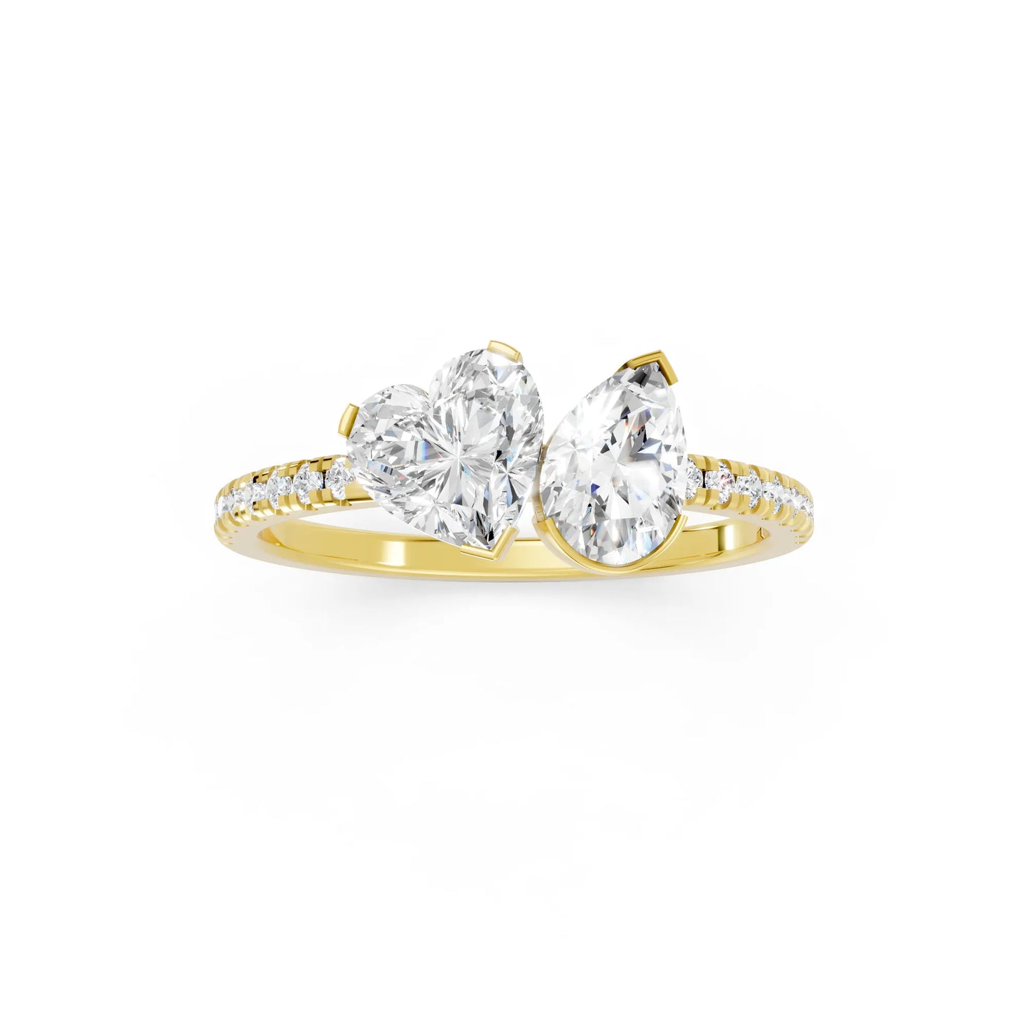 14K Gold Heart and Pear Cut Diamond Toi et Moi Ring with Side Accents