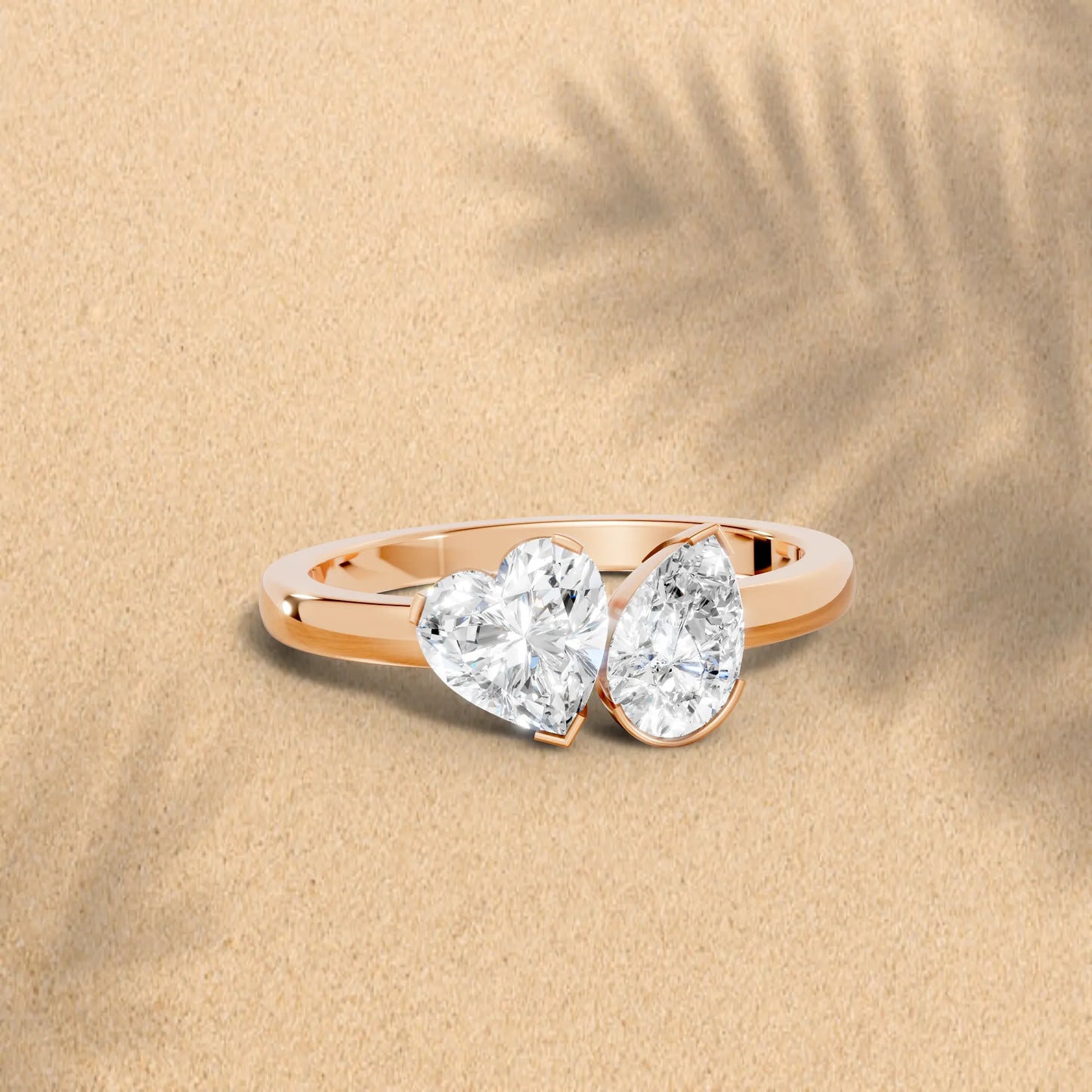 14K Gold Heart and Pear Cut Diamond Toi et Moi Ring