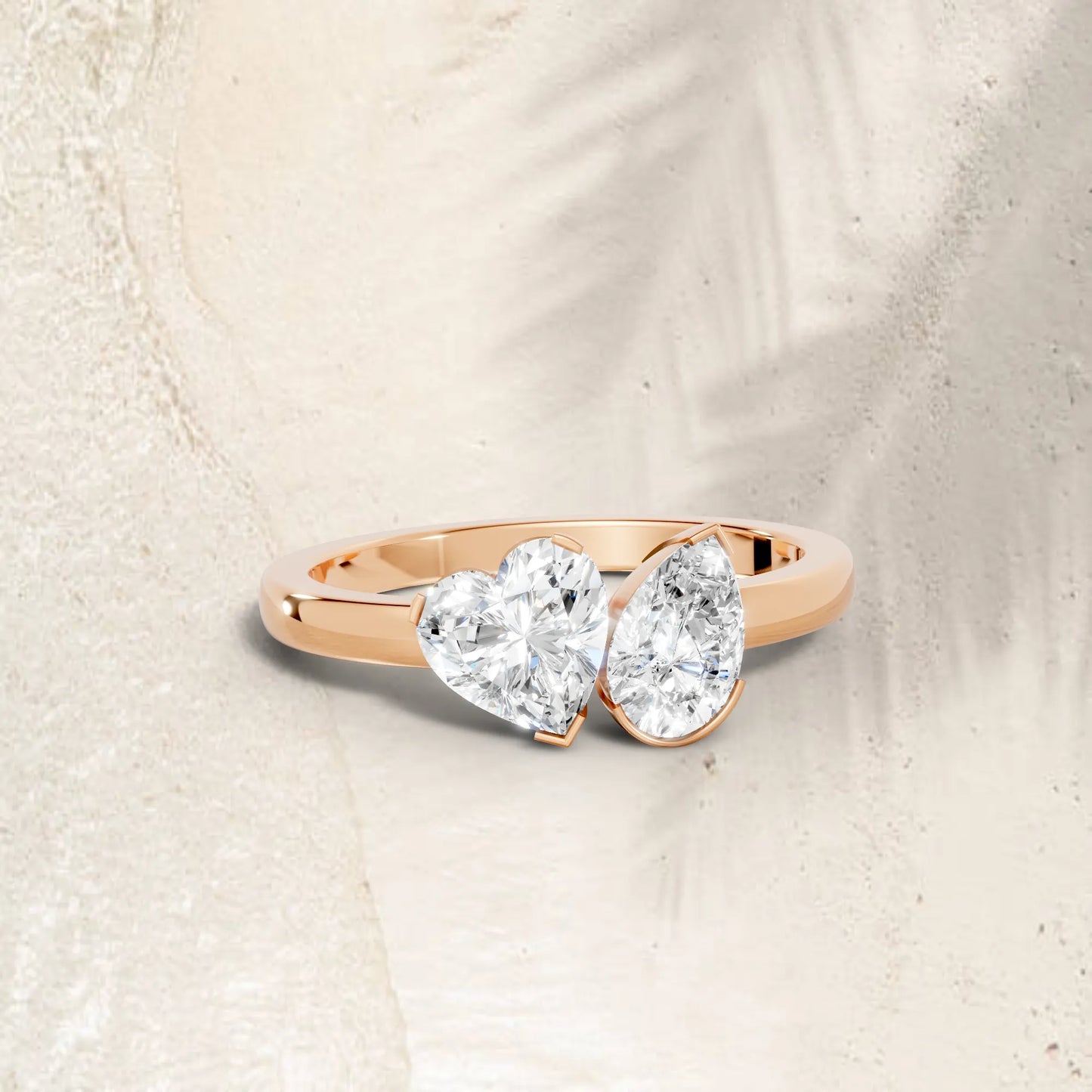14K Gold Heart and Pear Cut Diamond Toi et Moi Ring